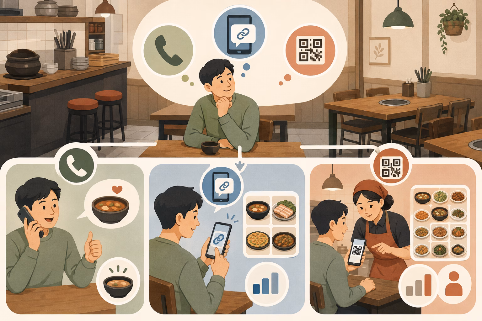 주문 경험과 복잡도, 도움 가능성에 따라 전화·문자 링크·QR 경로가 갈리는 모습