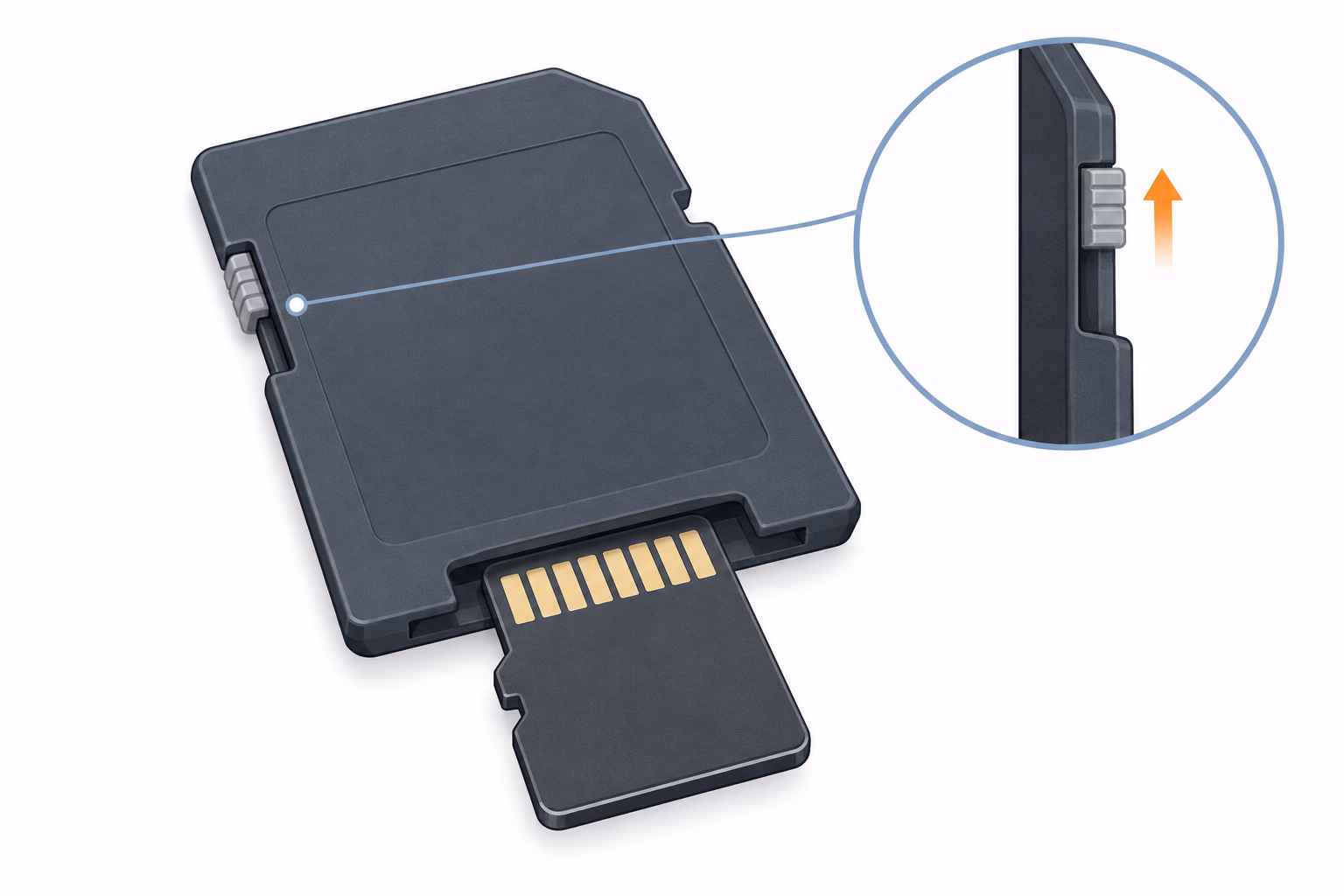 microSD를 SD 어댑터에 넣을 때 확인하는 잠금 탭